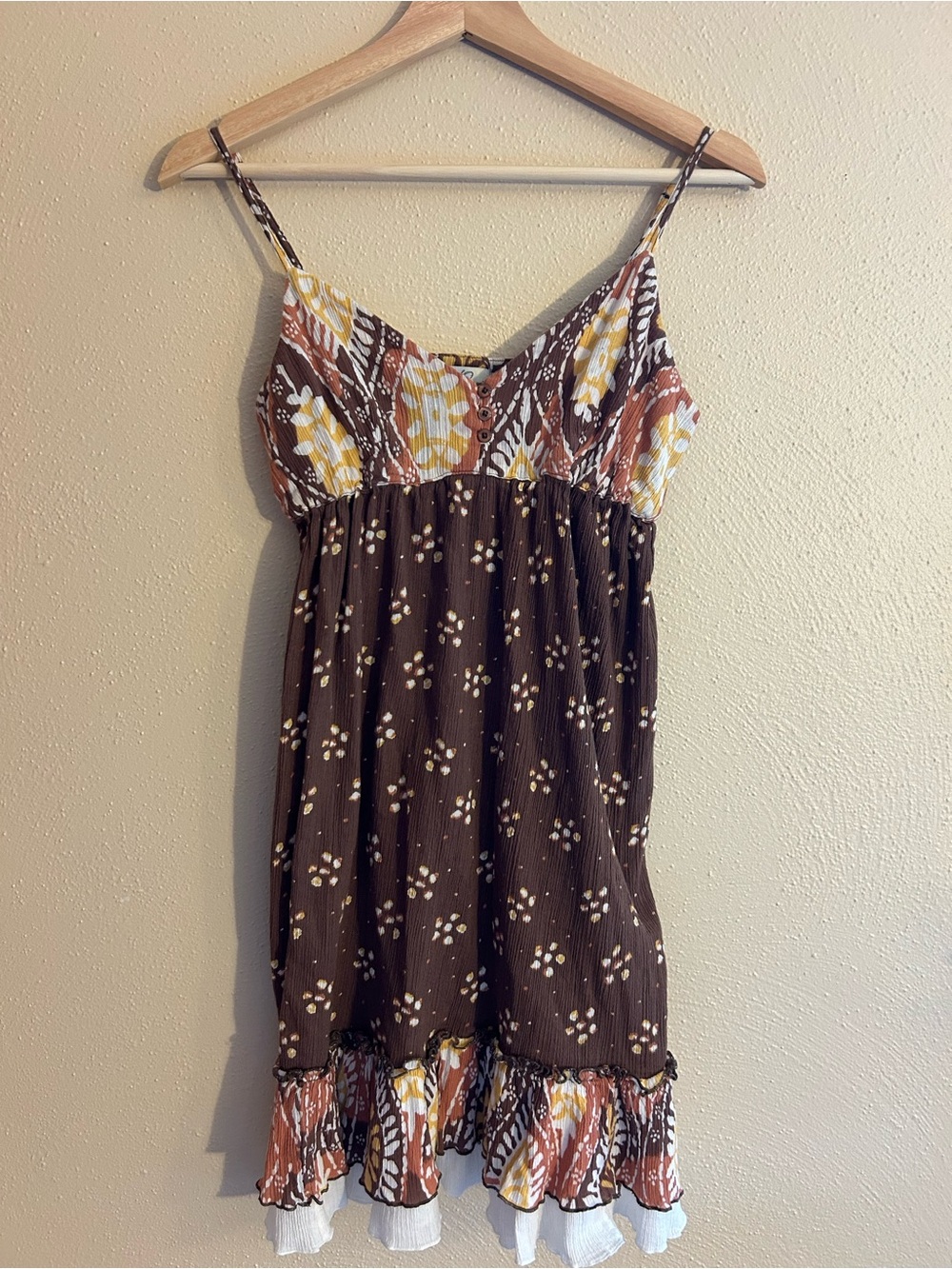 Y2K SO Brown Floral Mini Dress with Yellow & Cream Accents